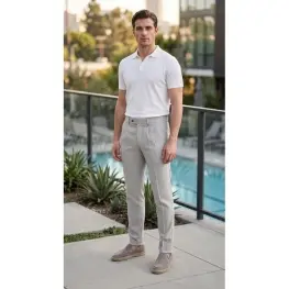 Slim Fit Dar Kesim Pileli Bej Kumaş Erkek Pantolon Bej