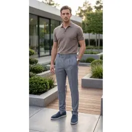 Slim Fit Dar Kesim Pileli Bej Kumaş Erkek Pantolon Lacivert