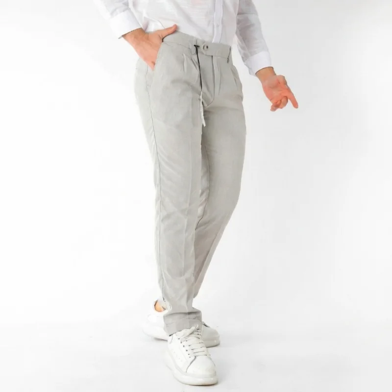Slim Fit Dar Kesim Yan Cep Pileli Bej Kumaş Erkek Pantolon Bej