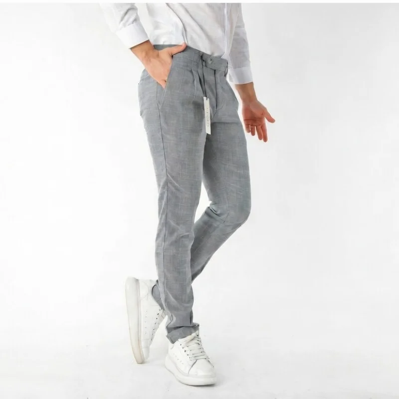 Slim Fit Dar Kesim Yan Cep Pileli Bej Kumaş Erkek Pantolon Lacivert