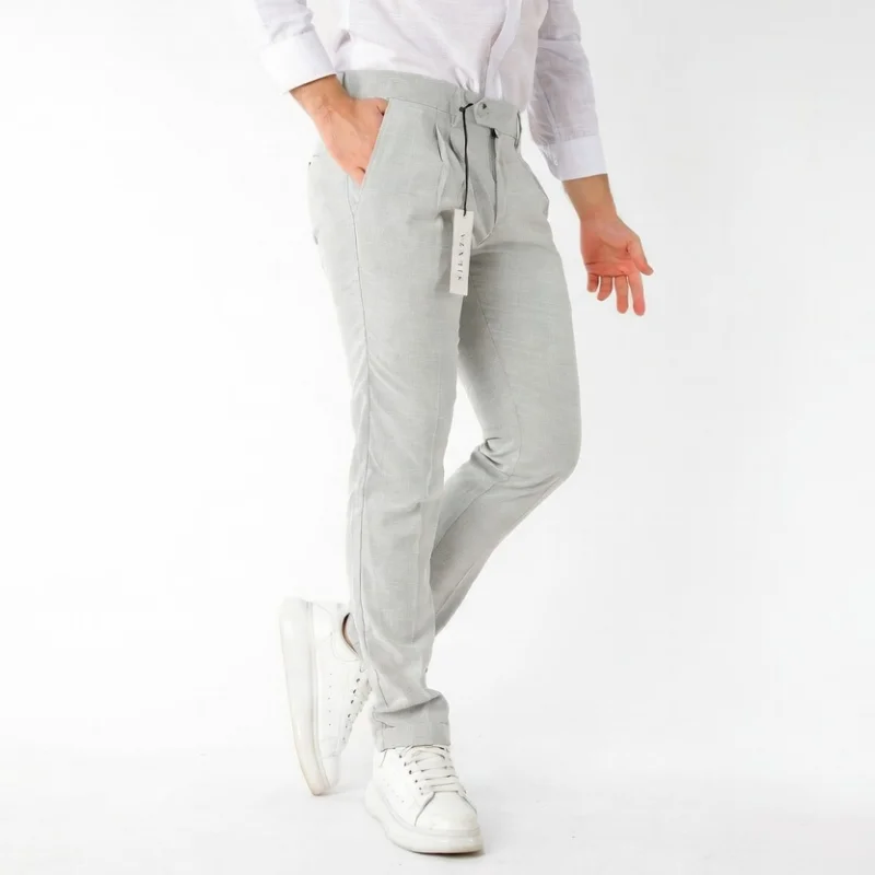 Slim Fit Dar Kesim Yan Cep Pileli Bej Kumaş Erkek Pantolon Taş